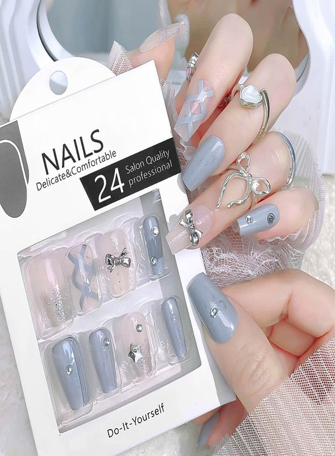 RikView Coffin Press on Nails Long Fake Nails Blue Nails with Design Glossy Full Cover Nails for Women 24 PCs/Set - Image 3